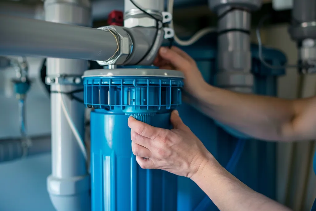 A photo of an attractive blue water filter being touched by hands
