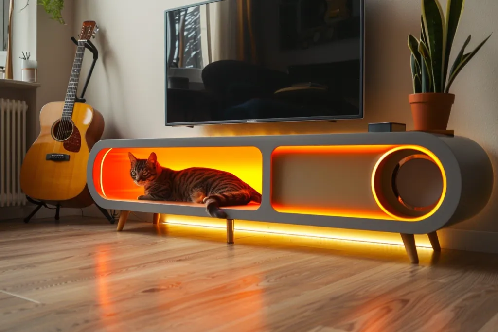 A photo of an elegant grey and orange TV stand with LED lights