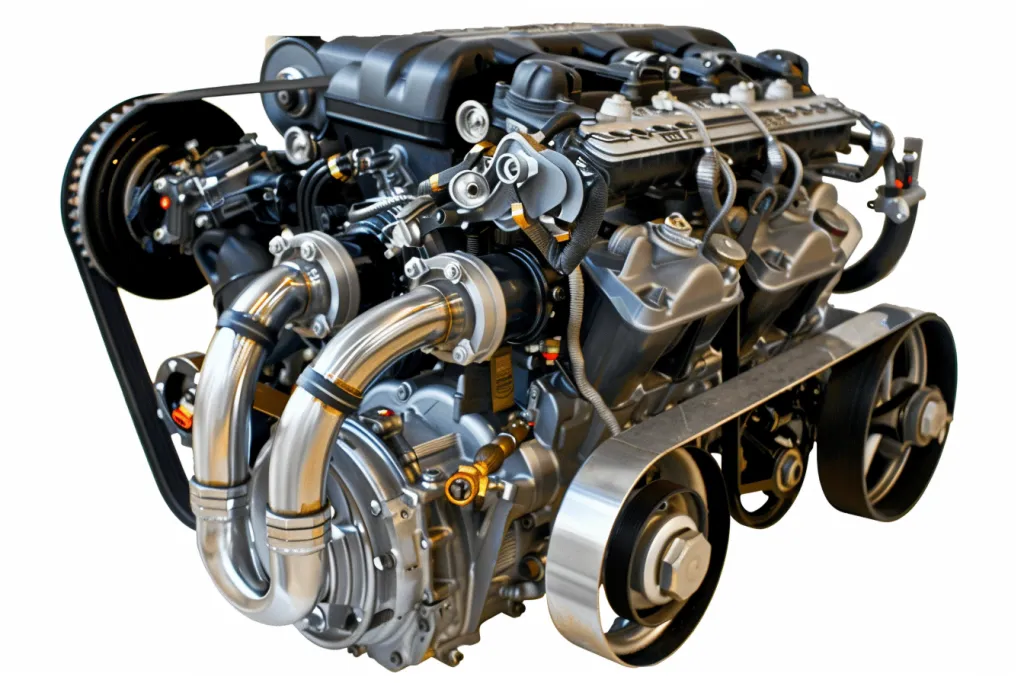 A photo of an engine with all parts visible
