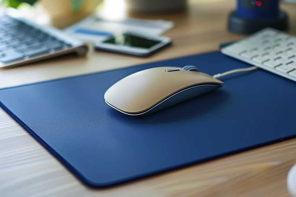 A photo of an office desk with a mouse and blue rectangular mouse pad on it