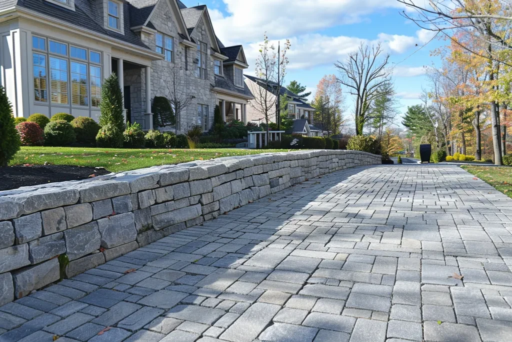 A photo of an perfectly laying paver driveway with light grey color
