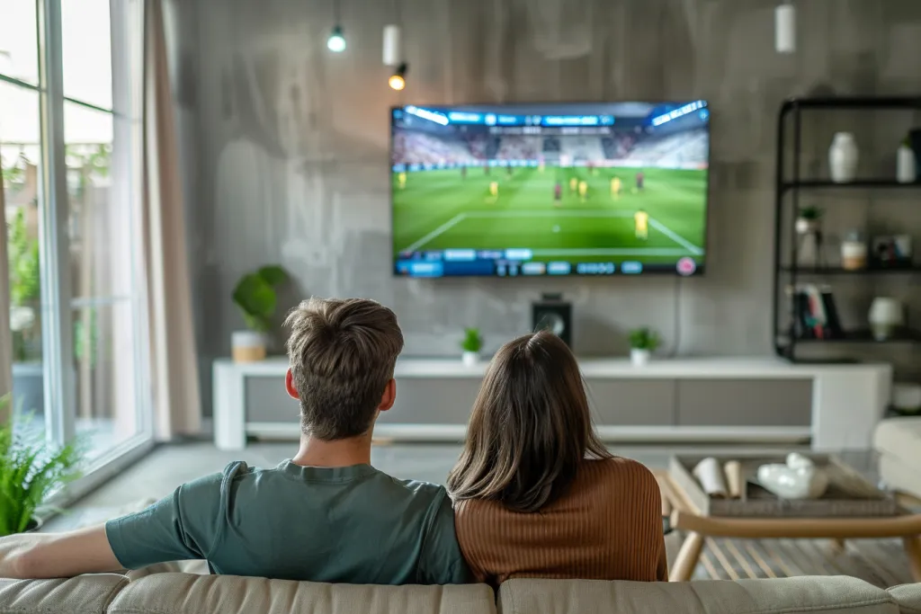 A photo of two people watching soccer on TV in the living room