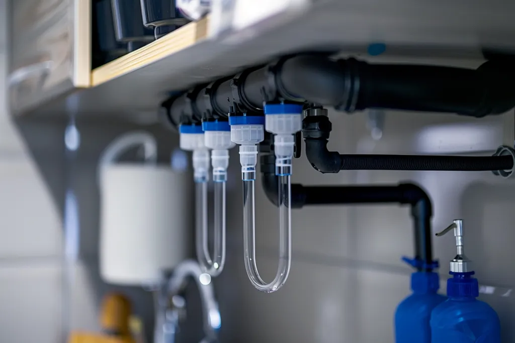A photo of under the sink with an water filter system connected to tap