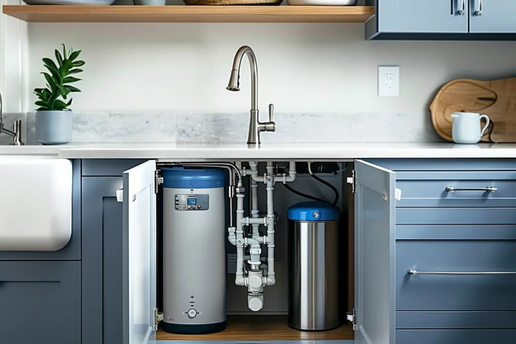 A photo showing an entire water filter system in action under the sink