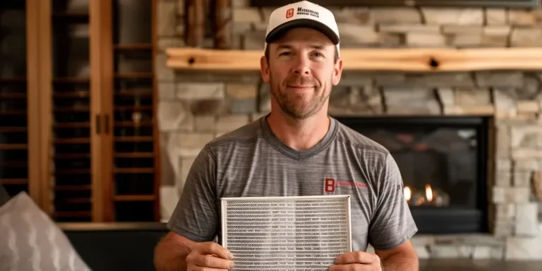 A photo shows a home coding technician holding up an old and dirty air filter