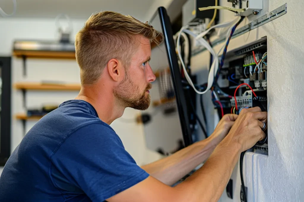 A photo shows an electrician in a blue t-shirt working on mounting a TV to a home wall