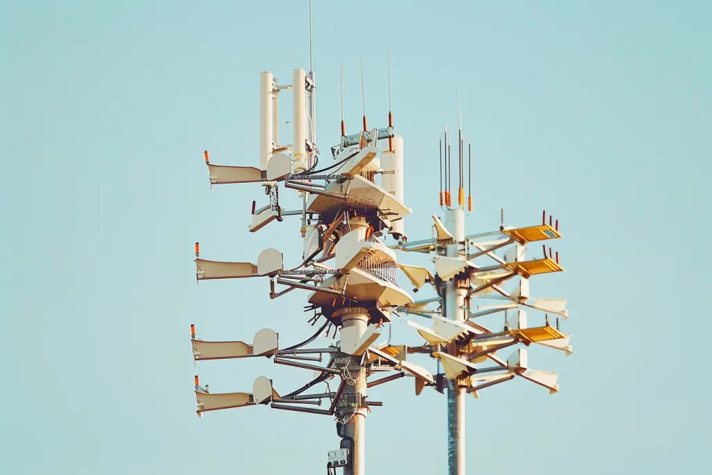 A photo shows two TV antenna towers stacked on top of each other