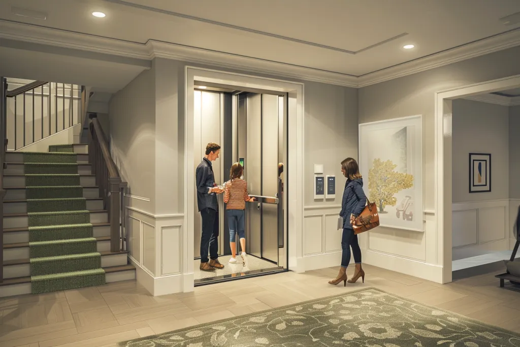 A photorealistic interior view of a home lift shows the inside