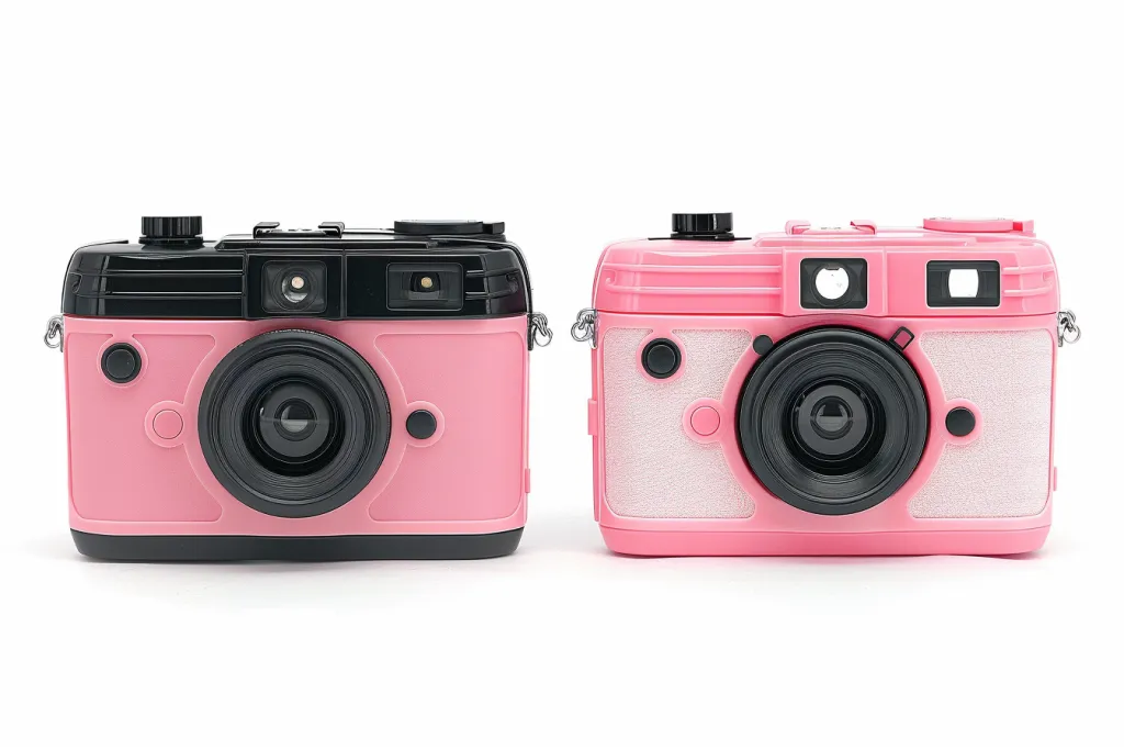 A pink and black disposable camera with front and back covers