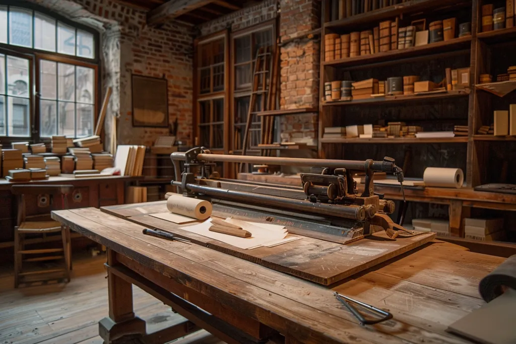 A printing press room with an old wooden table