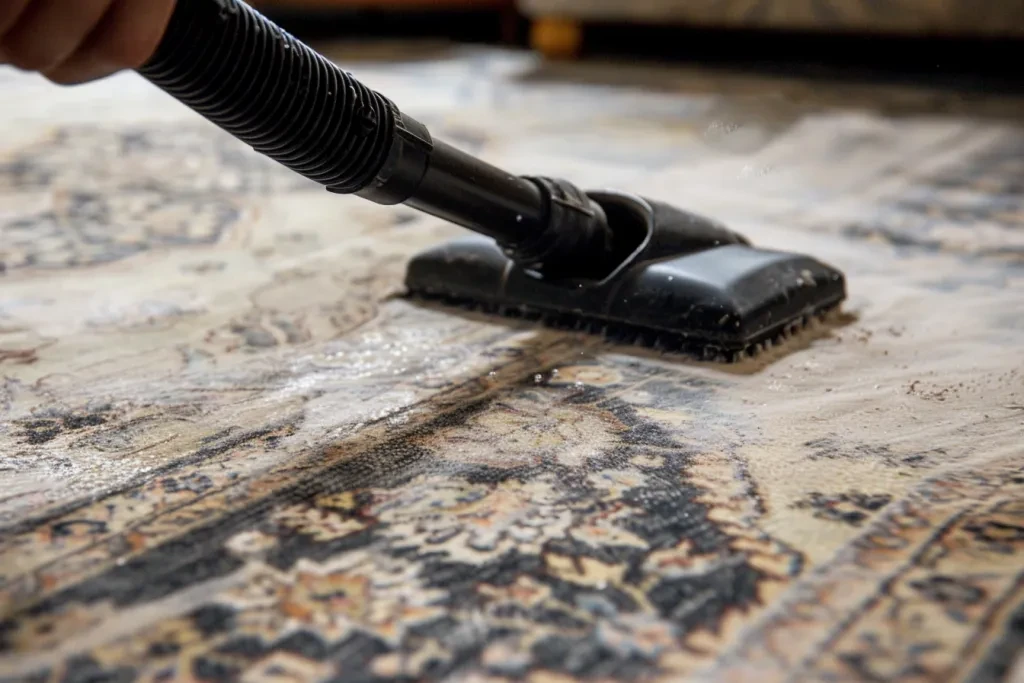 A man in jeans and a t-shirt is using a carpet cleaner