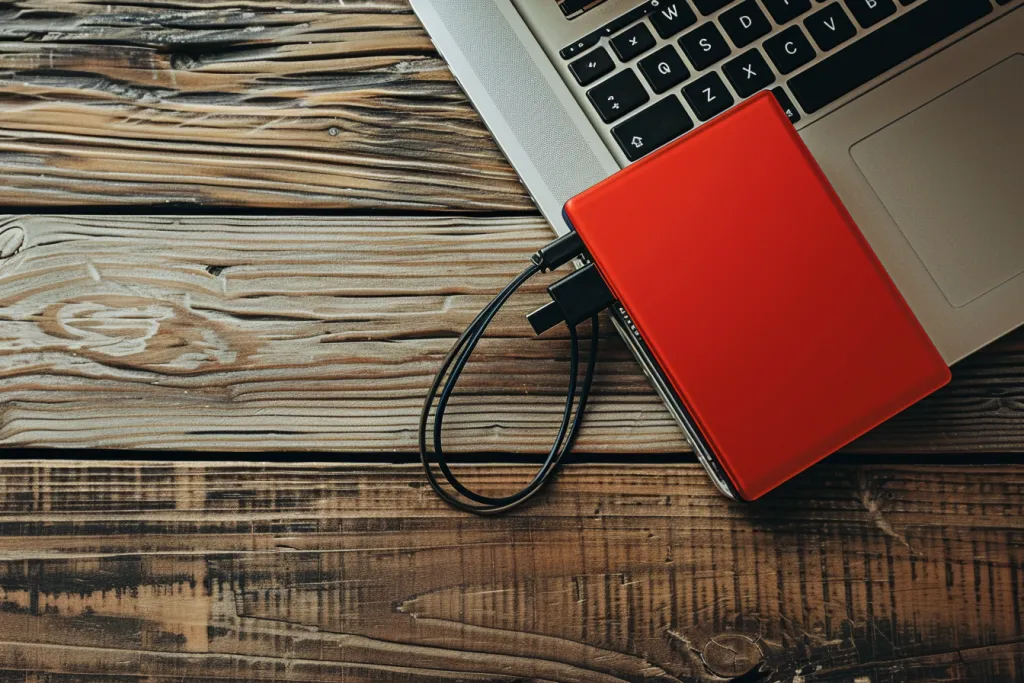 A red hard disk is connected to the macbook