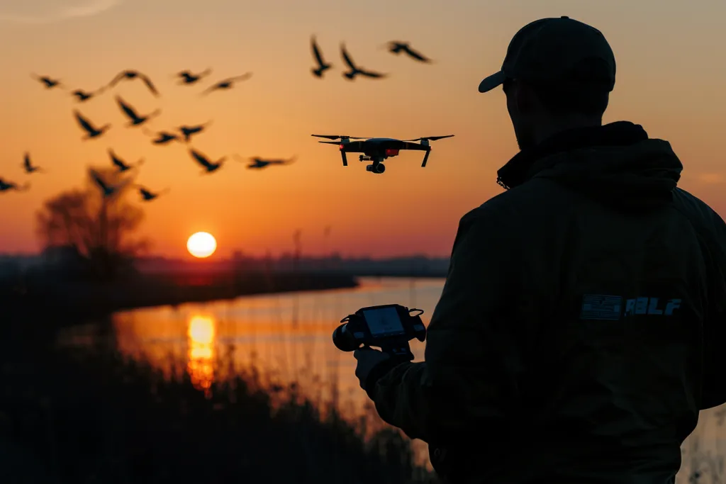 A silhouette of an artist flying his drone at sunset