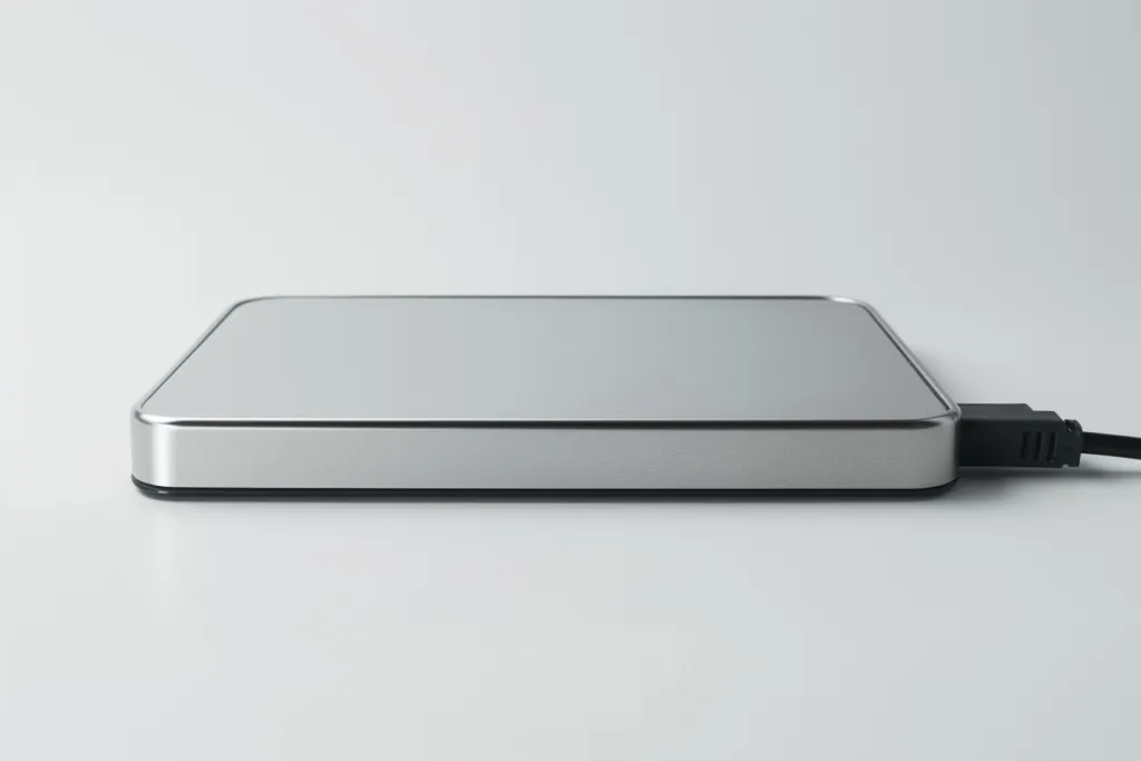 A sleek, metallic hard disk with an electrical cable