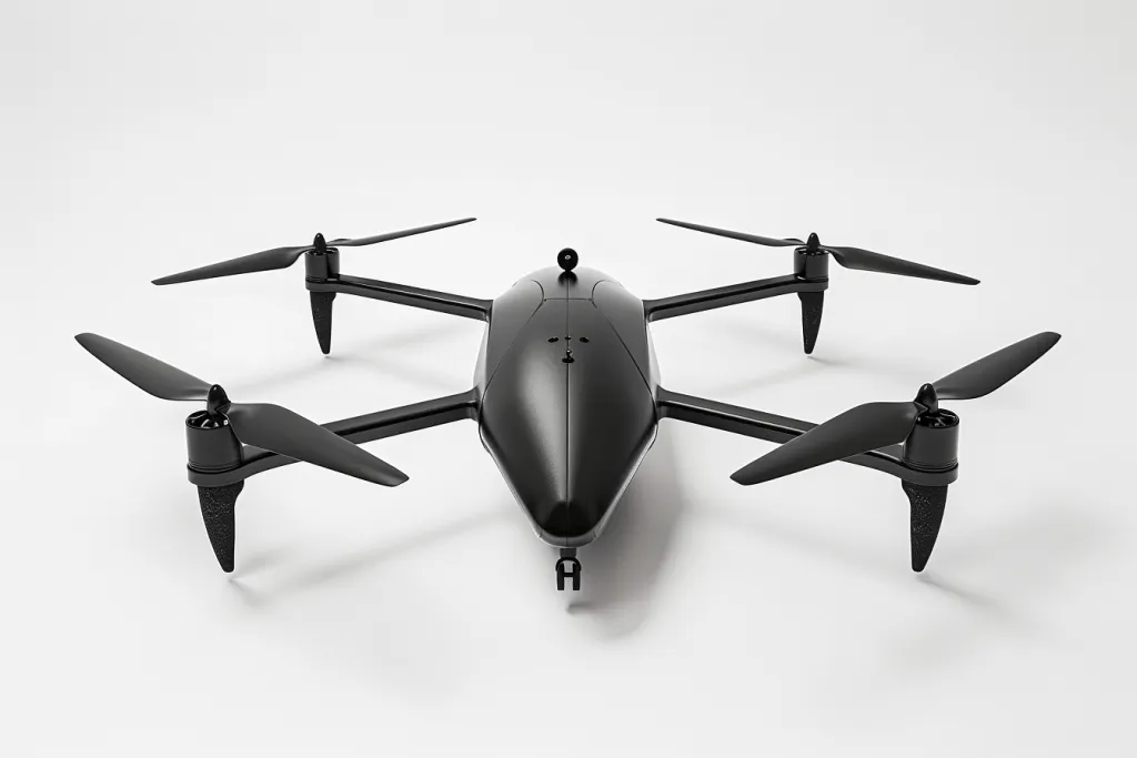 A sleek, monochrome drone