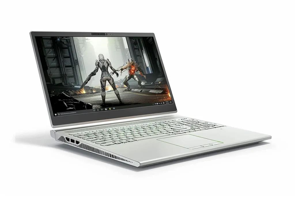 A sleek silver laptop with the game
