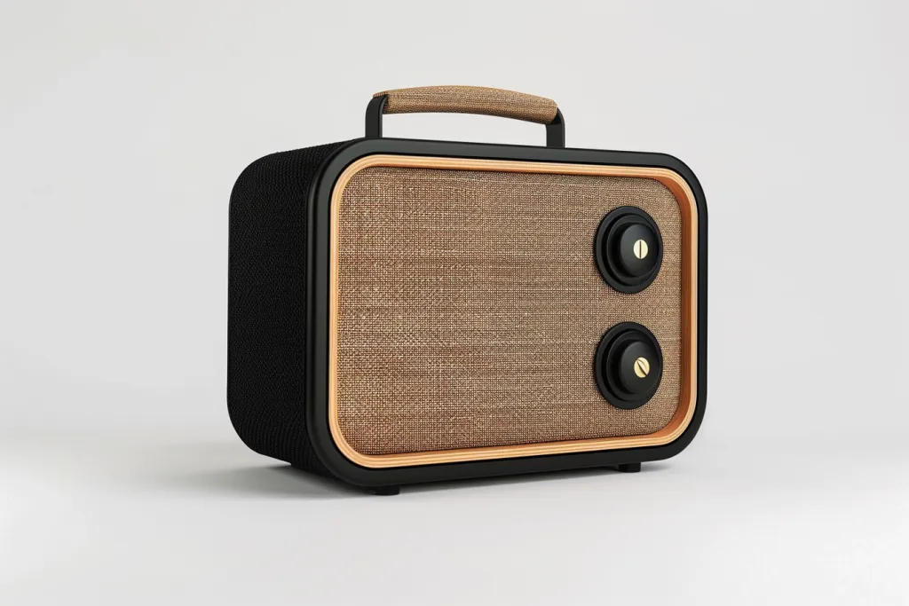 A small black and tan retro-style speaker with two buttons on the top
