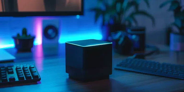 A small black cube device sitting on the desk of an office