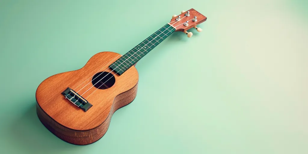A small ukulele with a rounded body and no neck