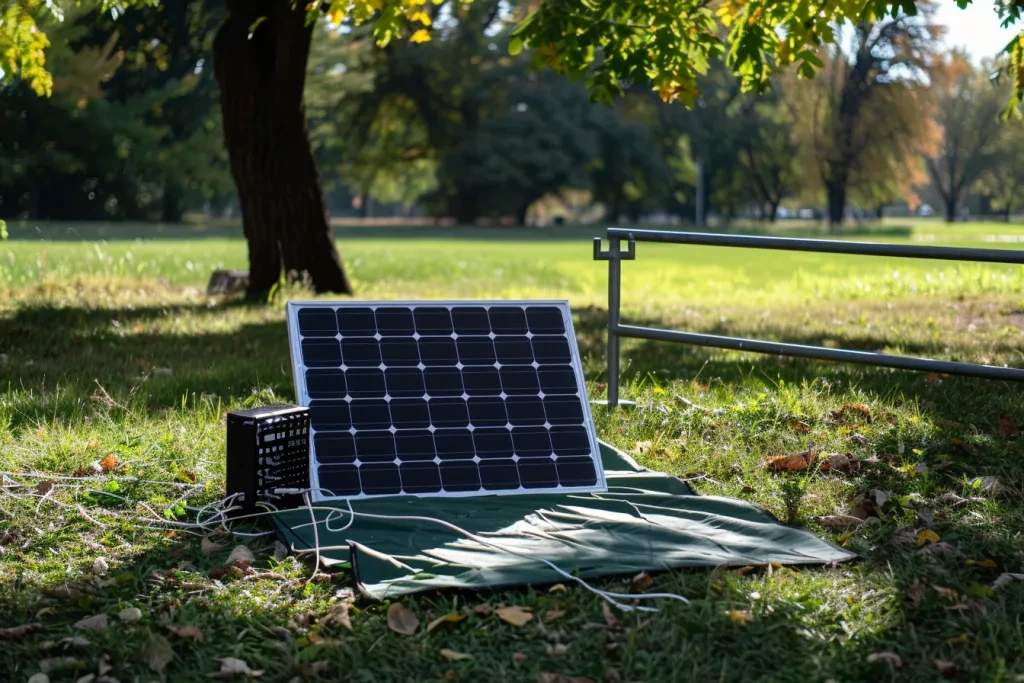 Un panel solar está montado sobre el césped.