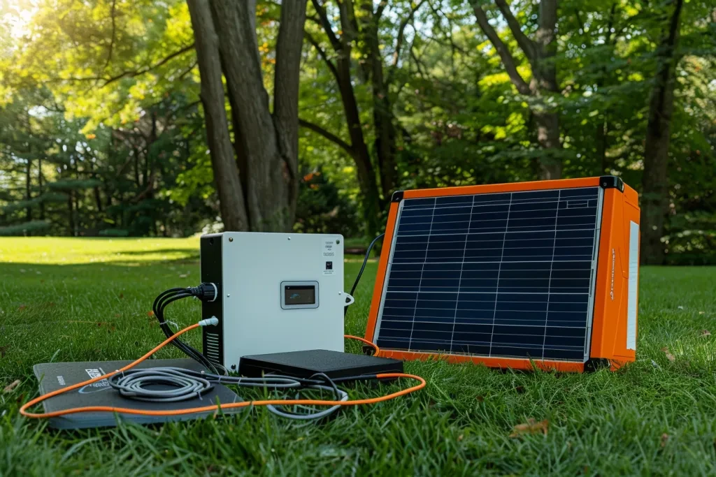 Se muestra un generador de energía solar en un entorno al aire libre sobre un césped.