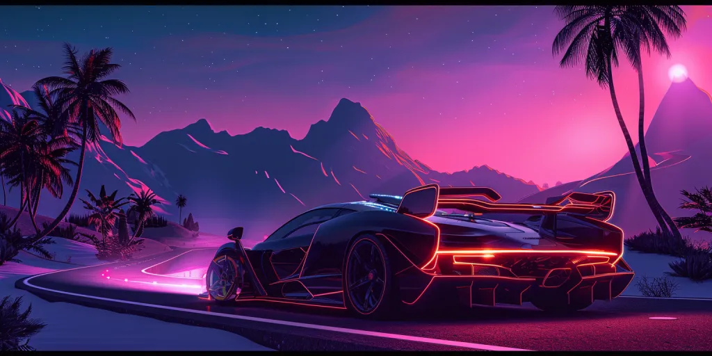 A synthwave digital artwork of an electric hypercar with neon accents