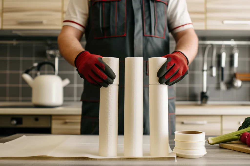 A water filter technician is holding an old and worn white plastic water tube