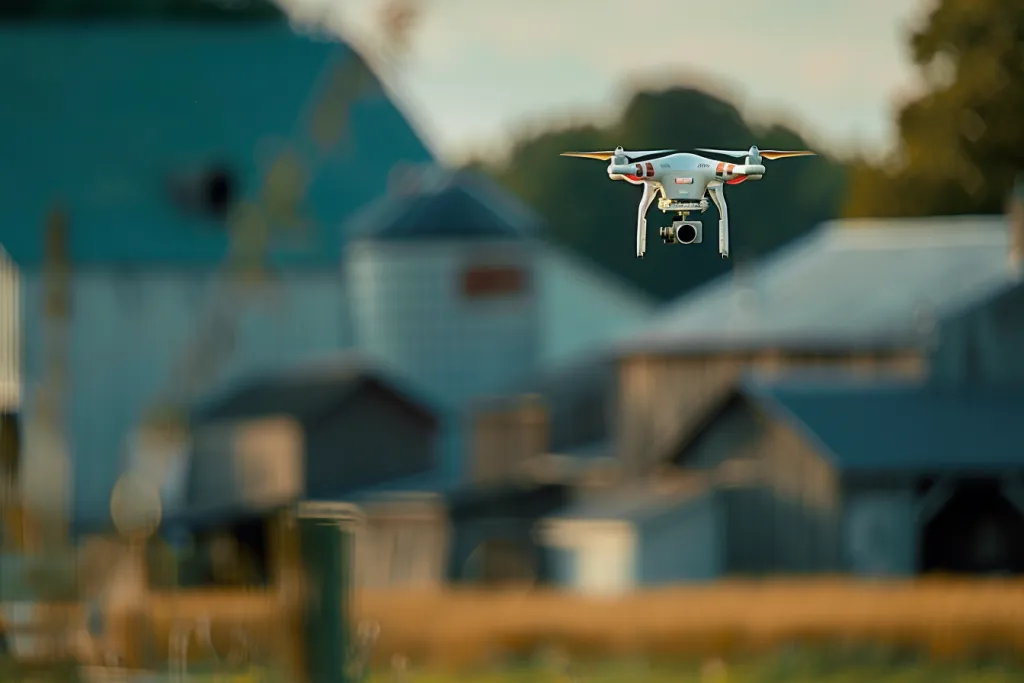 A white phantom drone with a camera is flying in the sky