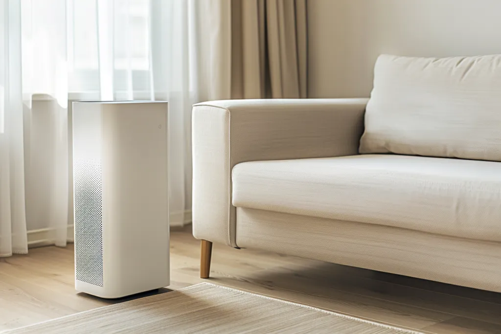 A white dehumidifier is placed on the floor in front of an off-white sofa
