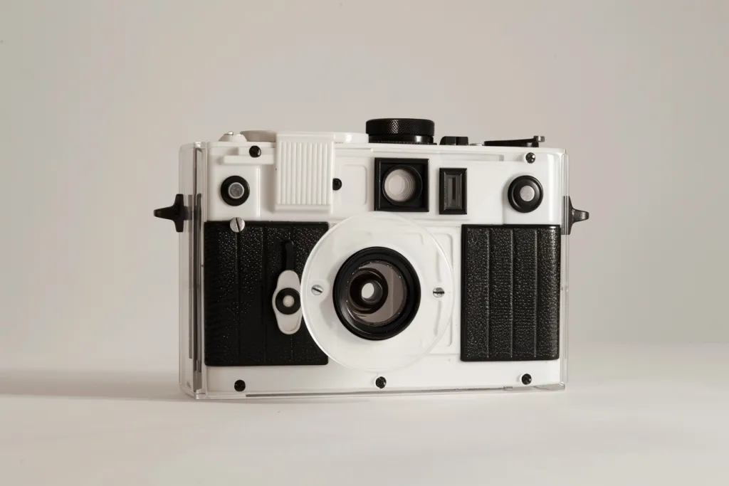 A white and black disposable camera with two film covers