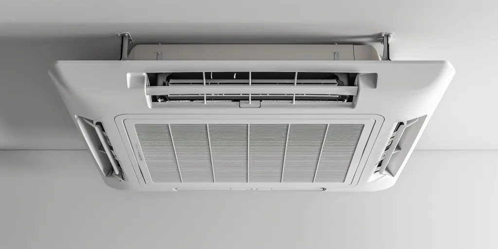 A white ceiling air conditioner with the box open