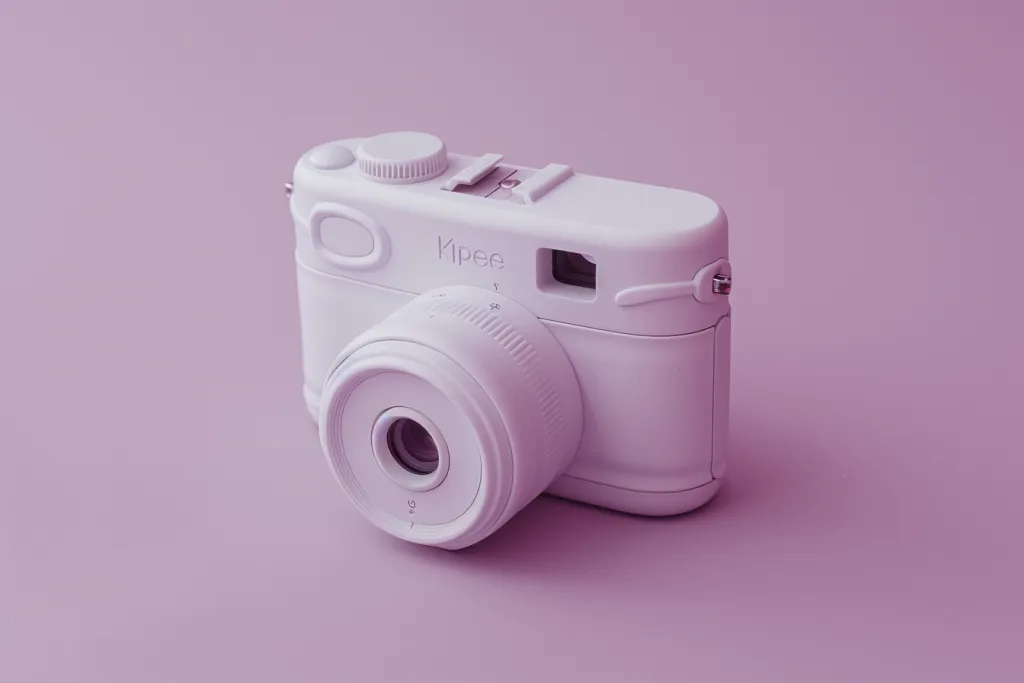 A white disposable camera with a light purple background