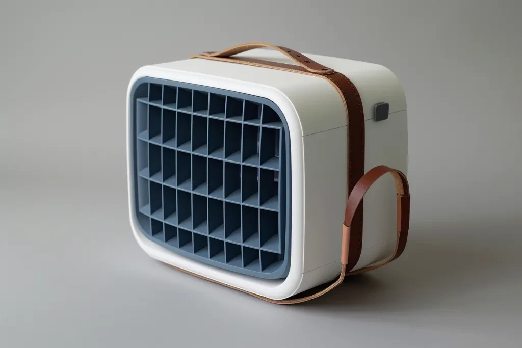 A white plastic mini air conditioner with leather accents