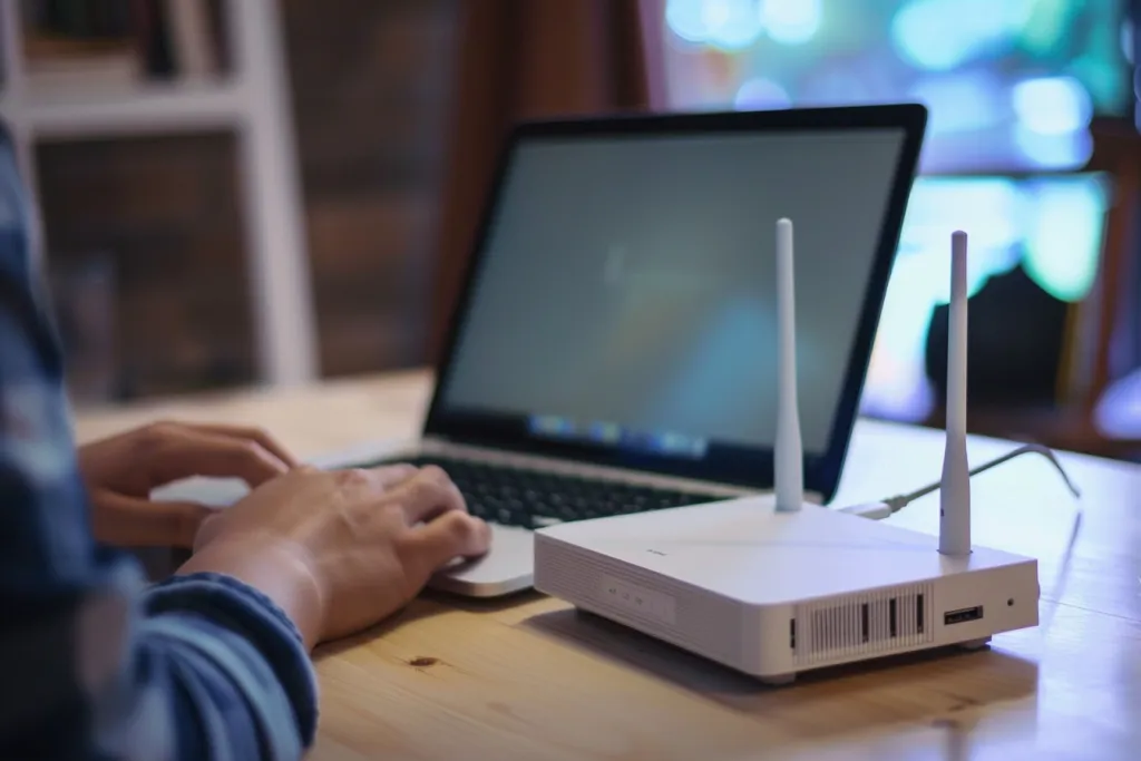 A white programmable router with two antennas is on the table
