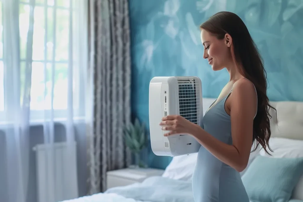 A woman holding an arctic breeze mini air conditioner in her hand
