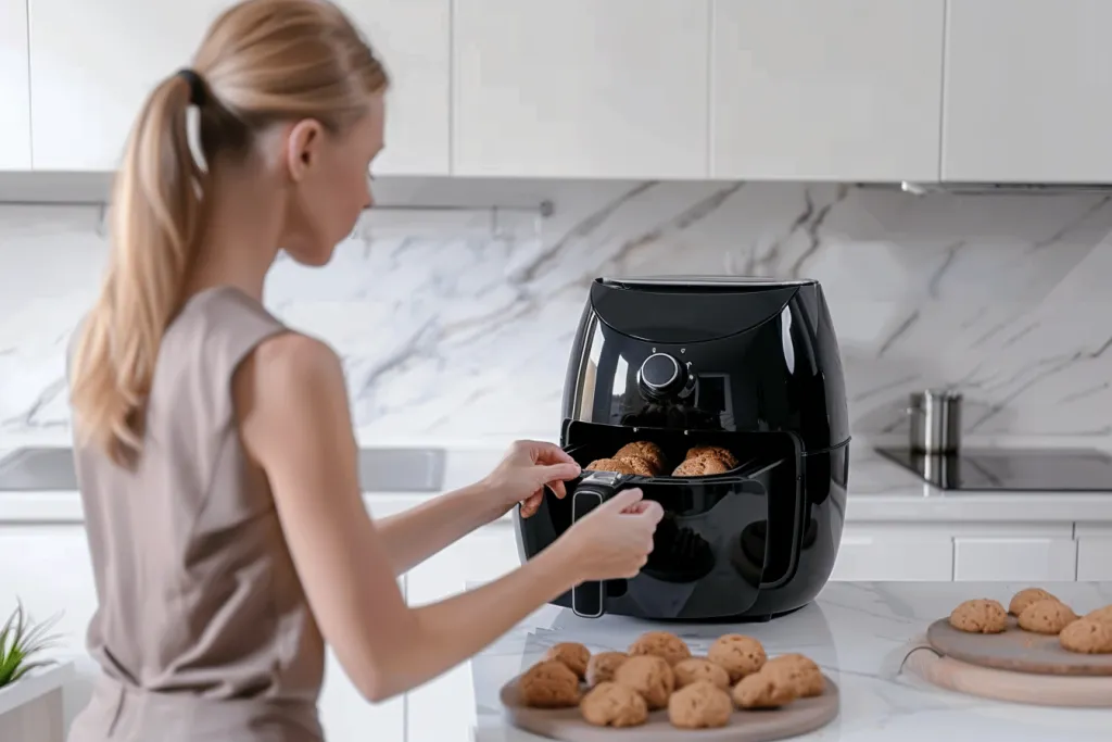 A woman in her mid-30s is using an air fryer to make cookies