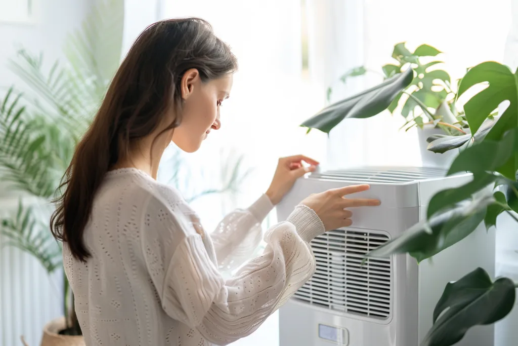 A woman is using a dehumidifier to check the dryness of her home
