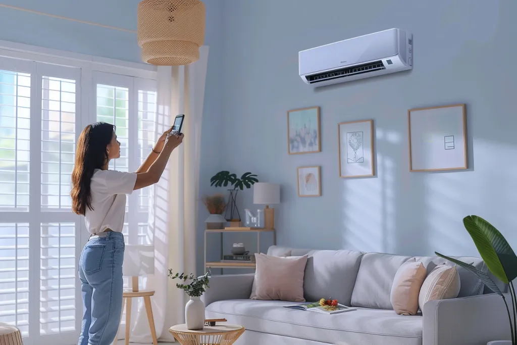 A woman is using the split system air conditioner in her living room