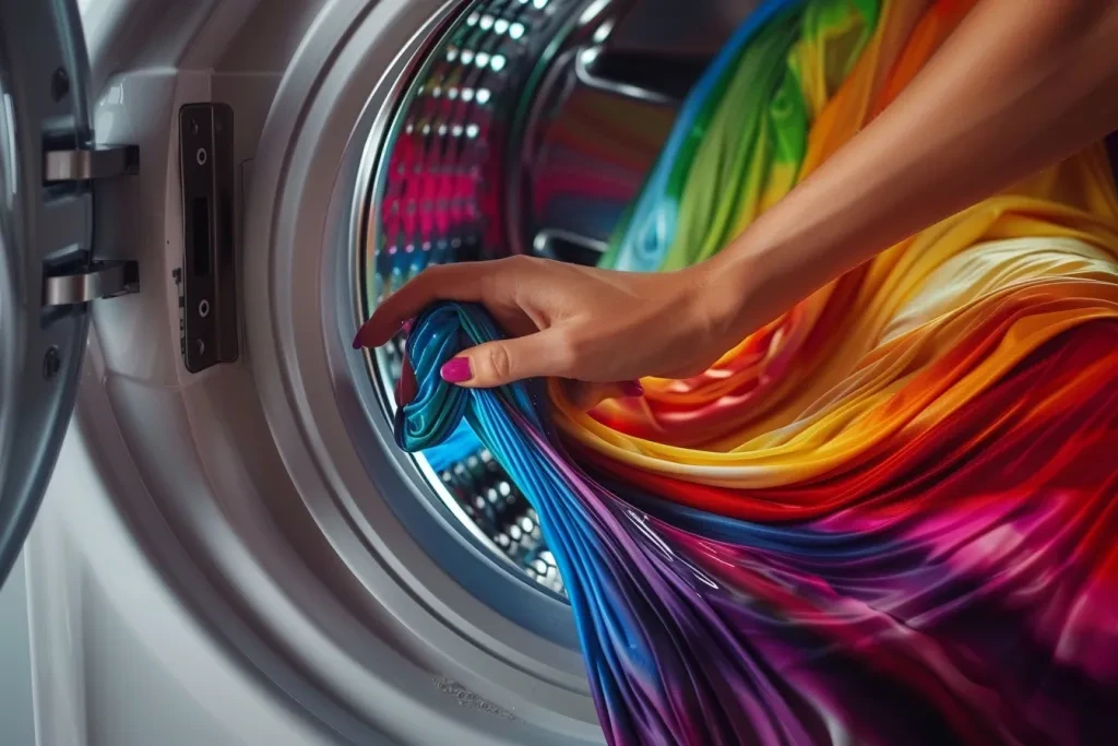 A woman's hand is putting colorful into the washing machine

