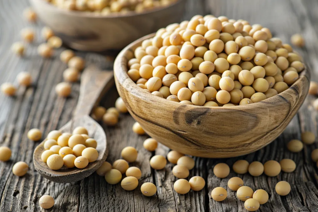 A wooden bowl filled with yellow soy beans