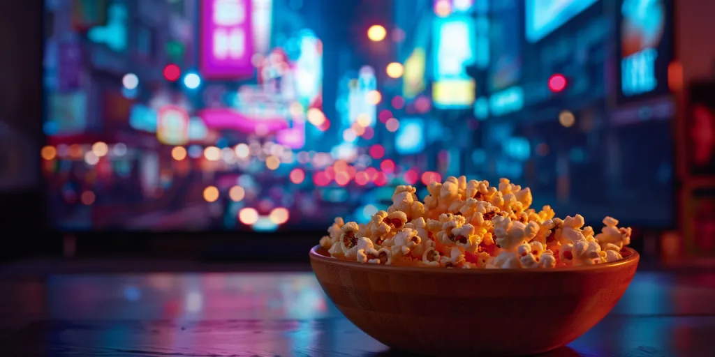 A wooden bowl of popcorn sits on the table in front of an oversized TV screen