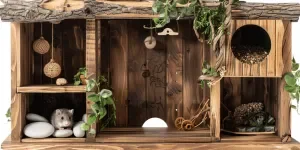 A wooden hamster cage with an open door