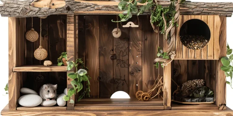 A wooden hamster cage with an open door