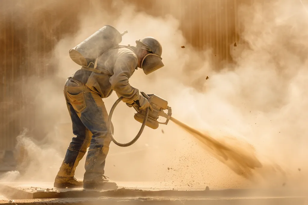 A worker using a sandblaster to clean concrete