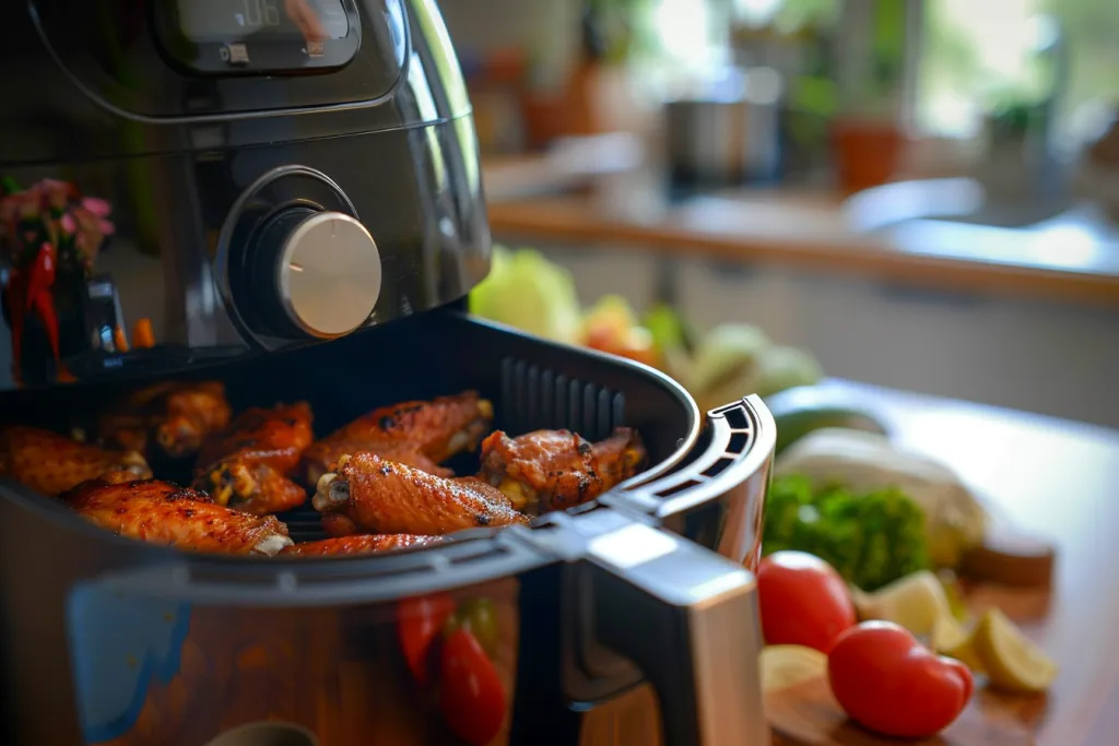 Air fryer with chicken wings being cooked inside