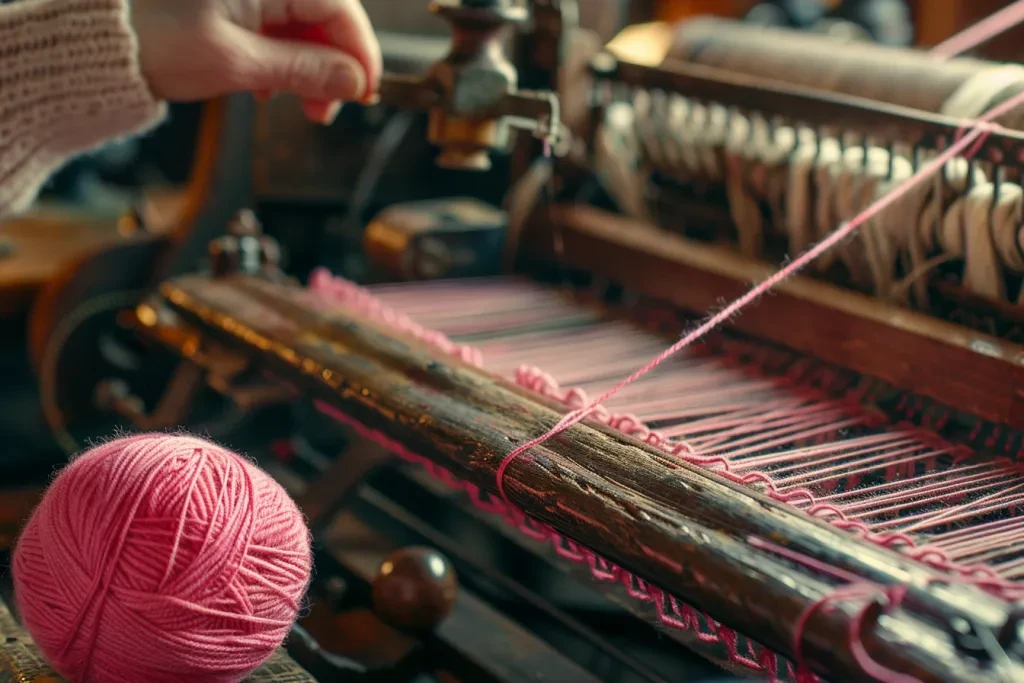 A photo of hands sewing with black leather in front of an industrial knitting machine