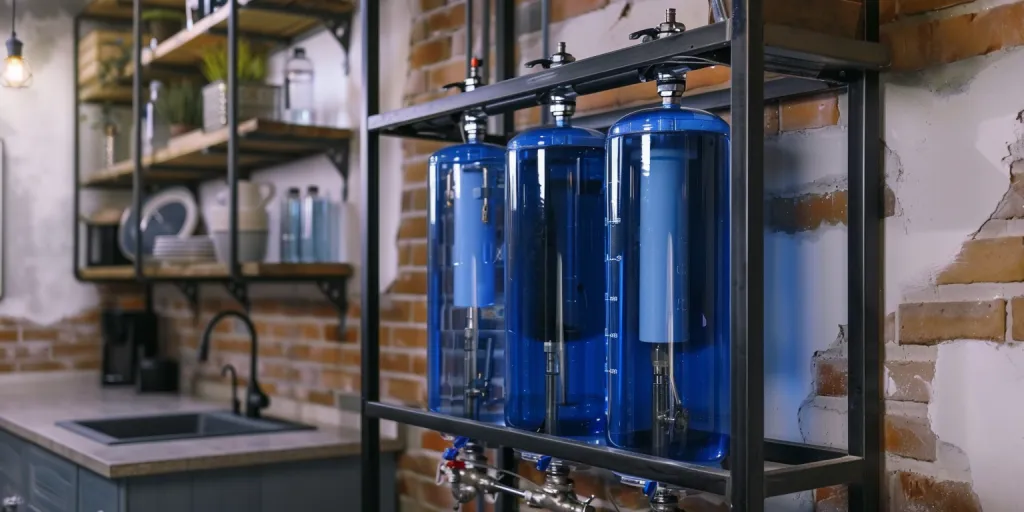 Big blue water filter on an iron frame in the basement
