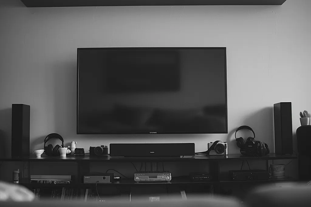 Black and white photo of an LED TV