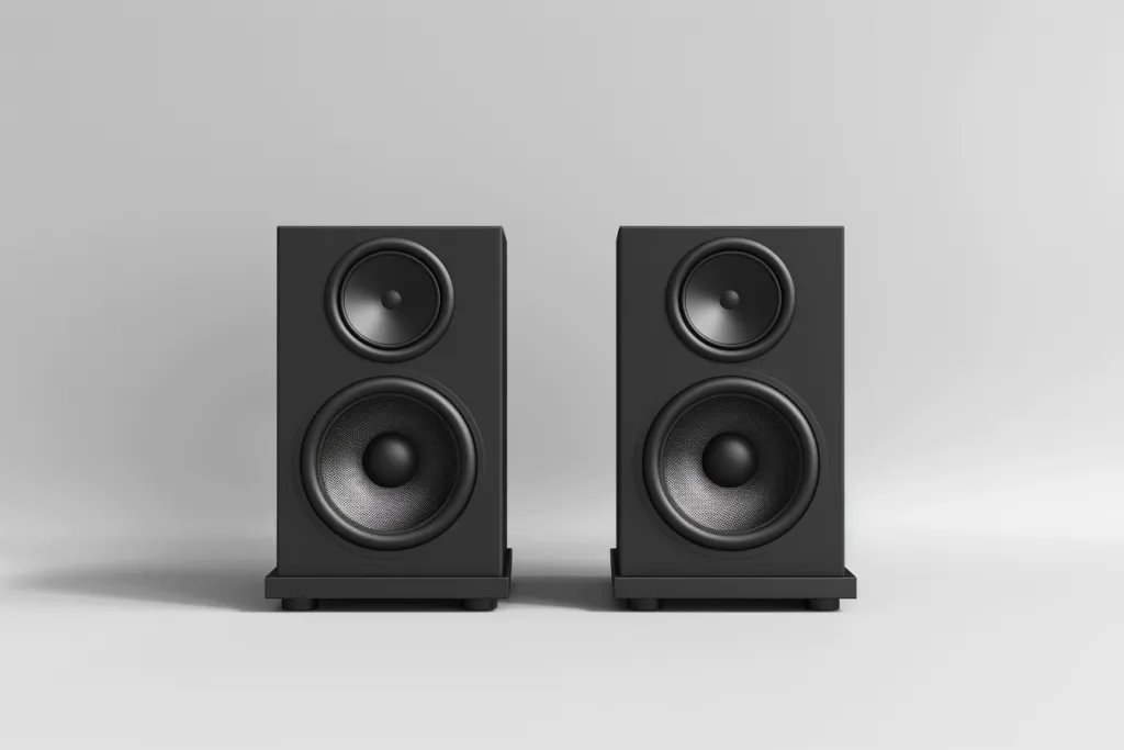 Black bookshelf speakers isolated on a white background