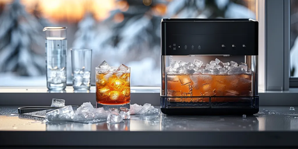 Black free standing ice maker with clear glass